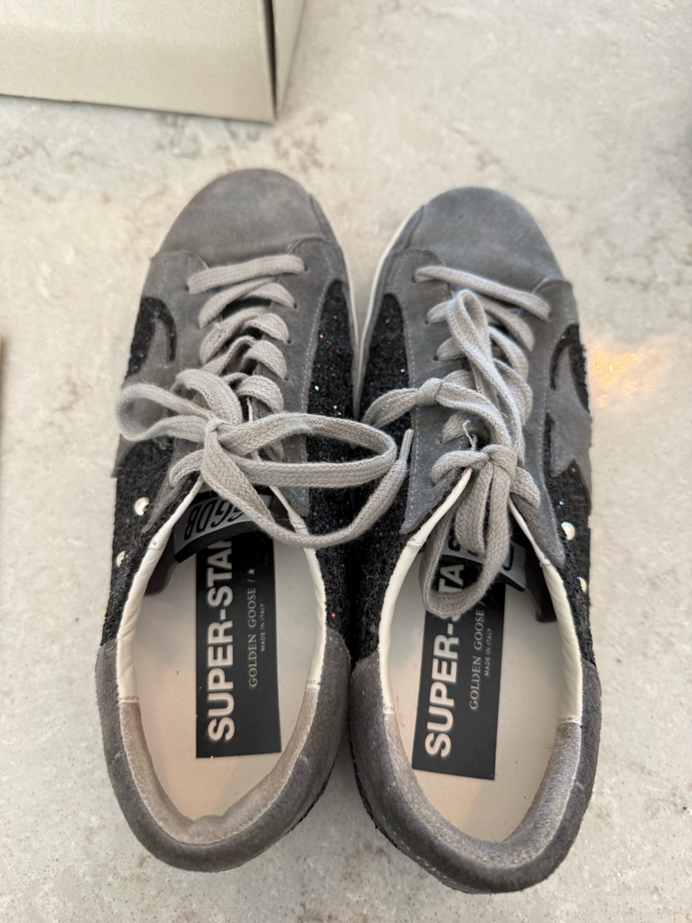 Authentic Golden Goose Women's Gray Suede & Black Glitter Super-Star Sneakers